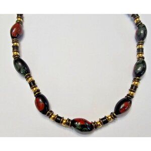 Vintage Red Rose Floral Painted Ceramic Bead Necklace